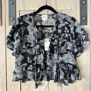 NWT MISA Los Angeles Sheer Floral Ruffle Top in XS